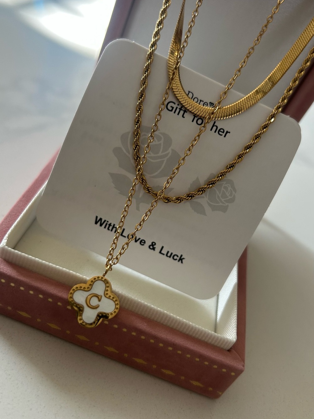 Gold Layered Clover Pendant Necklace with White Inlay